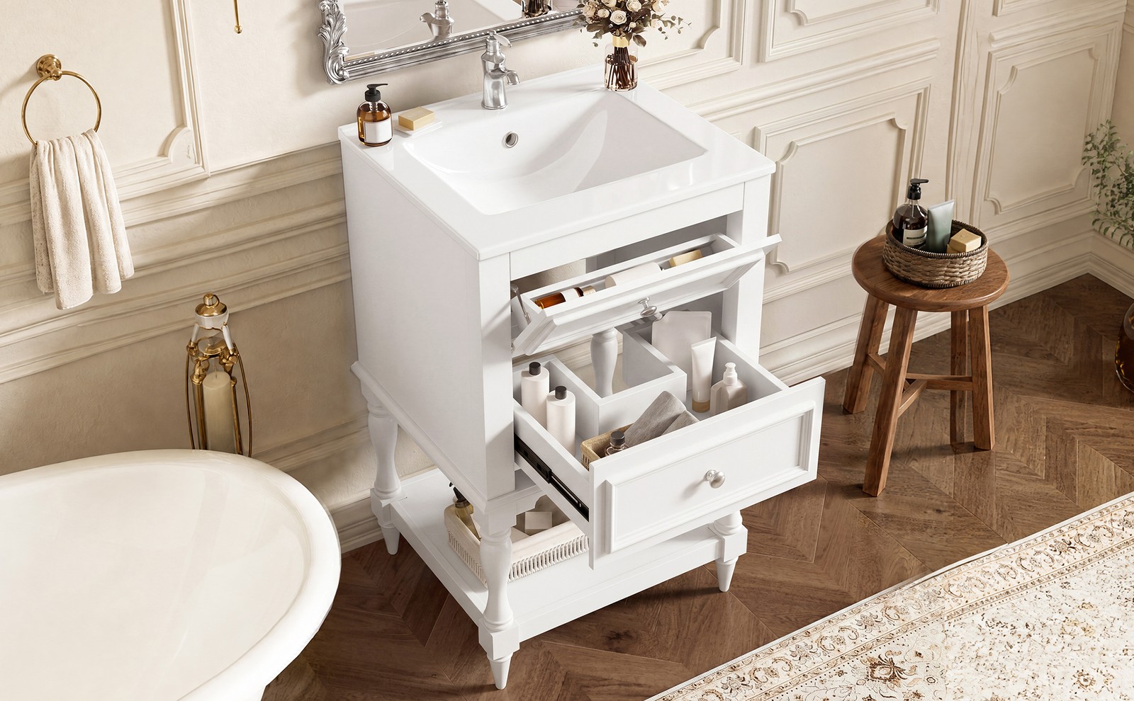 20″ Bathroom Vanity with Ceramic Sink, 2 Drawers & Open Shelf, Retro Design