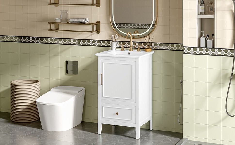 20″ Bathroom Vanity with Ceramic Sink, Cabinet & Drawer, White