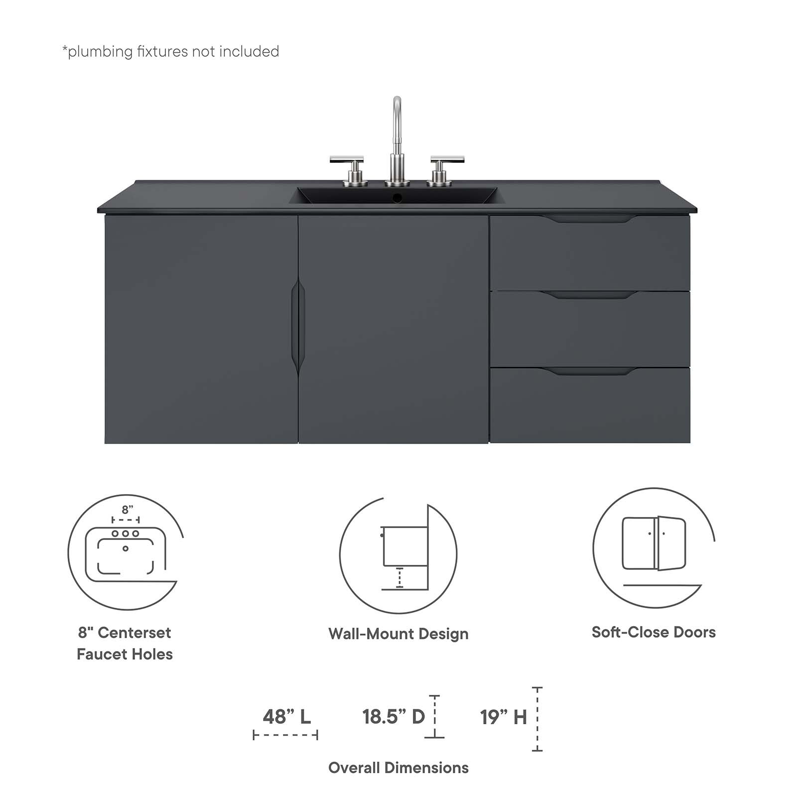 Modway Vitality 48″ Single Sink Wall-Mount Bathroom Vanity in Gray Black