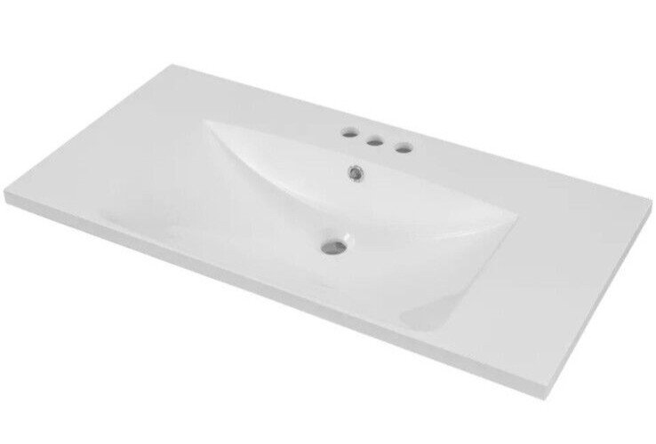 36″ Single Bathroom Vanity Top with White Basin, 3-Faucet Holes, Ceramic, White