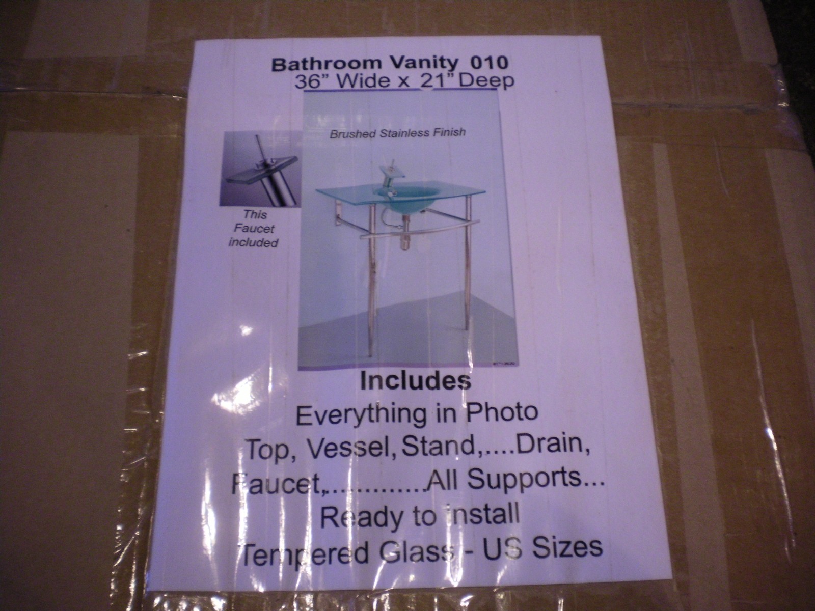 Tempered Glass Bathroom Vanity, Vessel, Brushed Stainless Stand and Faucet NIB