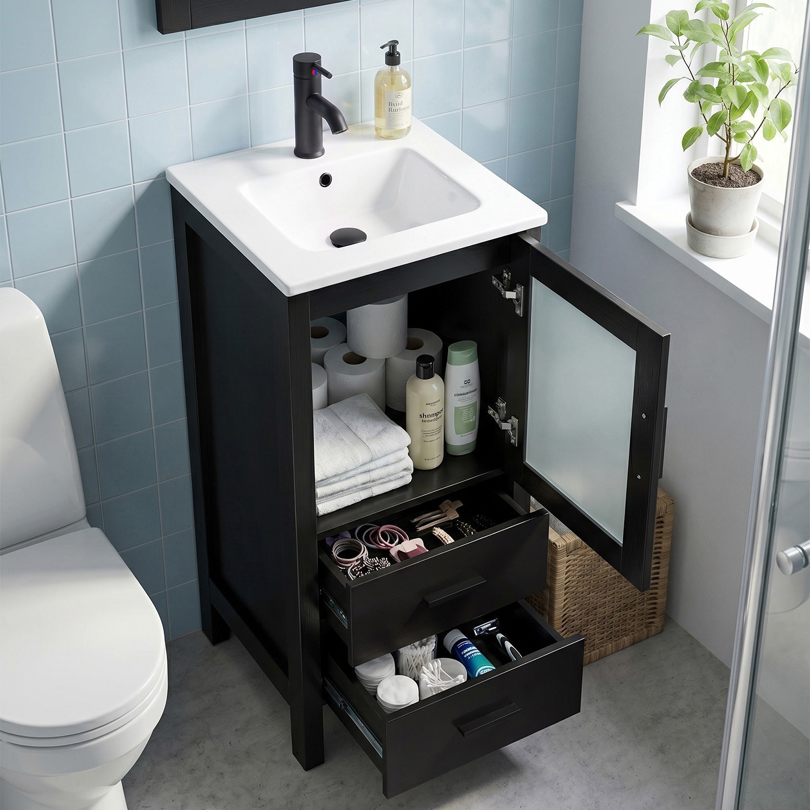 16 Inch Modern Bathroom Vanity Ceramic Vessel Sink Basin Cabinet Set Compact