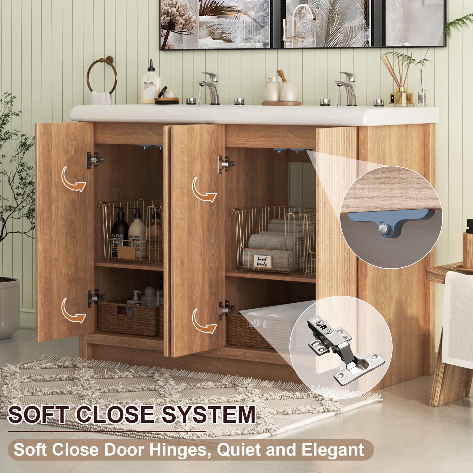47.3″ Double Sink Bathroom Vanity Wood Grain Modern 2 Basin Storage Cabinet