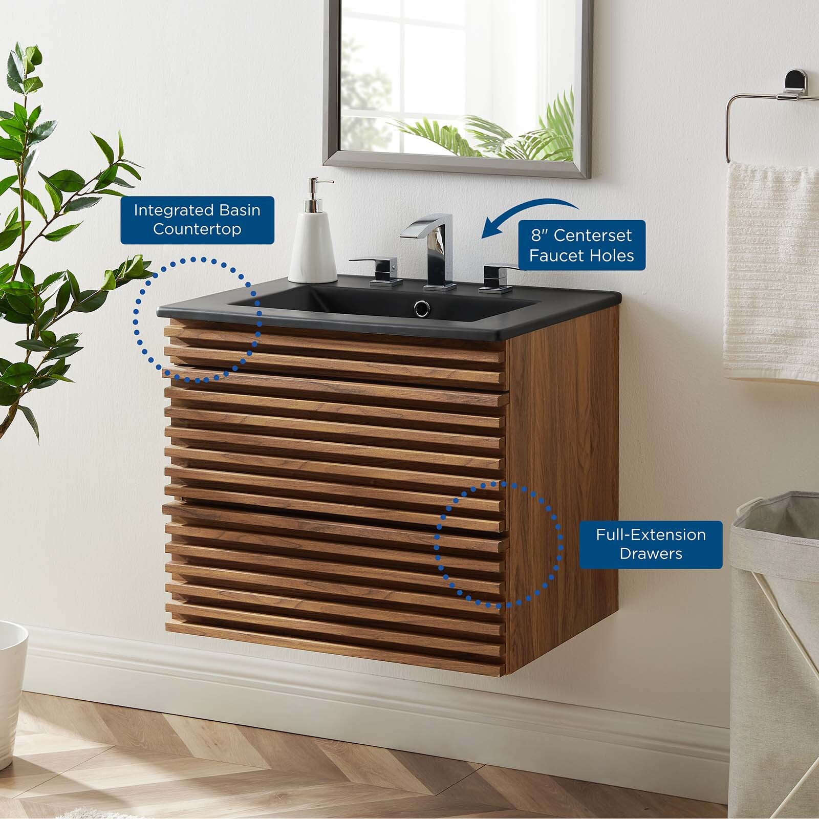 Modway Render 24″ Wall-Mount Bathroom Vanity in Walnut Black