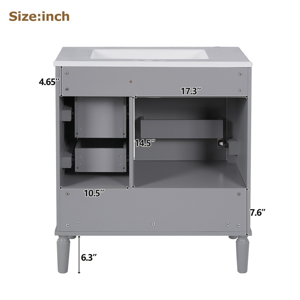 30″ Wood Bathroom Vanity Ceramic Sink Soft Close Door 3 Drawers Storage Cabinet