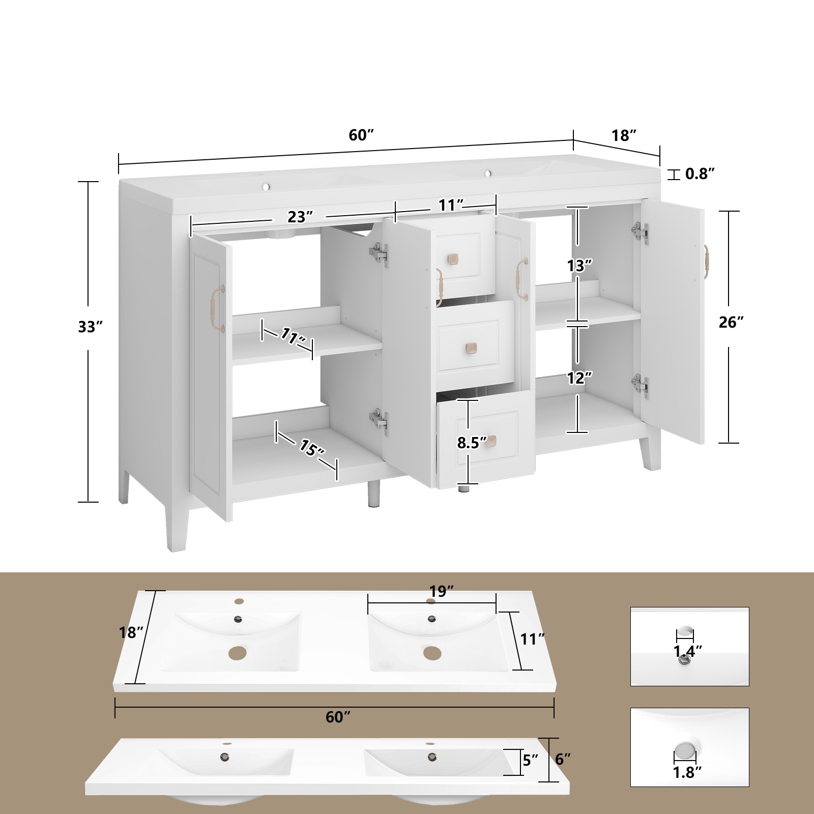 60″ Bathroom Vanity with Sink Soft-Close 4 Doors 3 Drawers Faucet Freestanding
