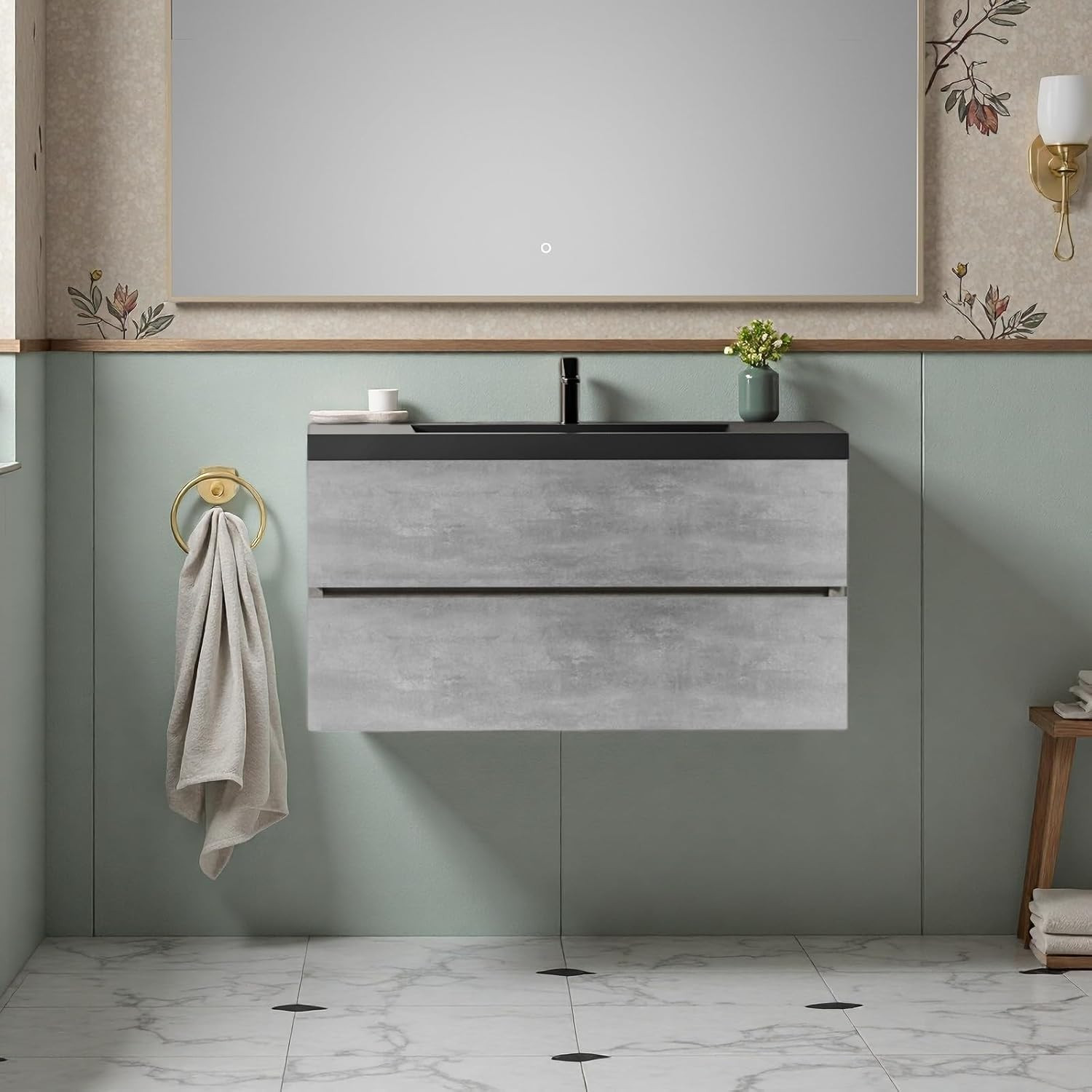 Modern 42″ Floating Bathroom Vanity with Quartz Sink & U-Shaped Drawers, Grey
