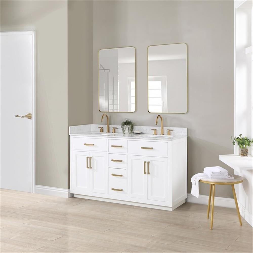 Gavino 60″ Wood Vanity in White with Grain White Composite Stone Top and Mirror
