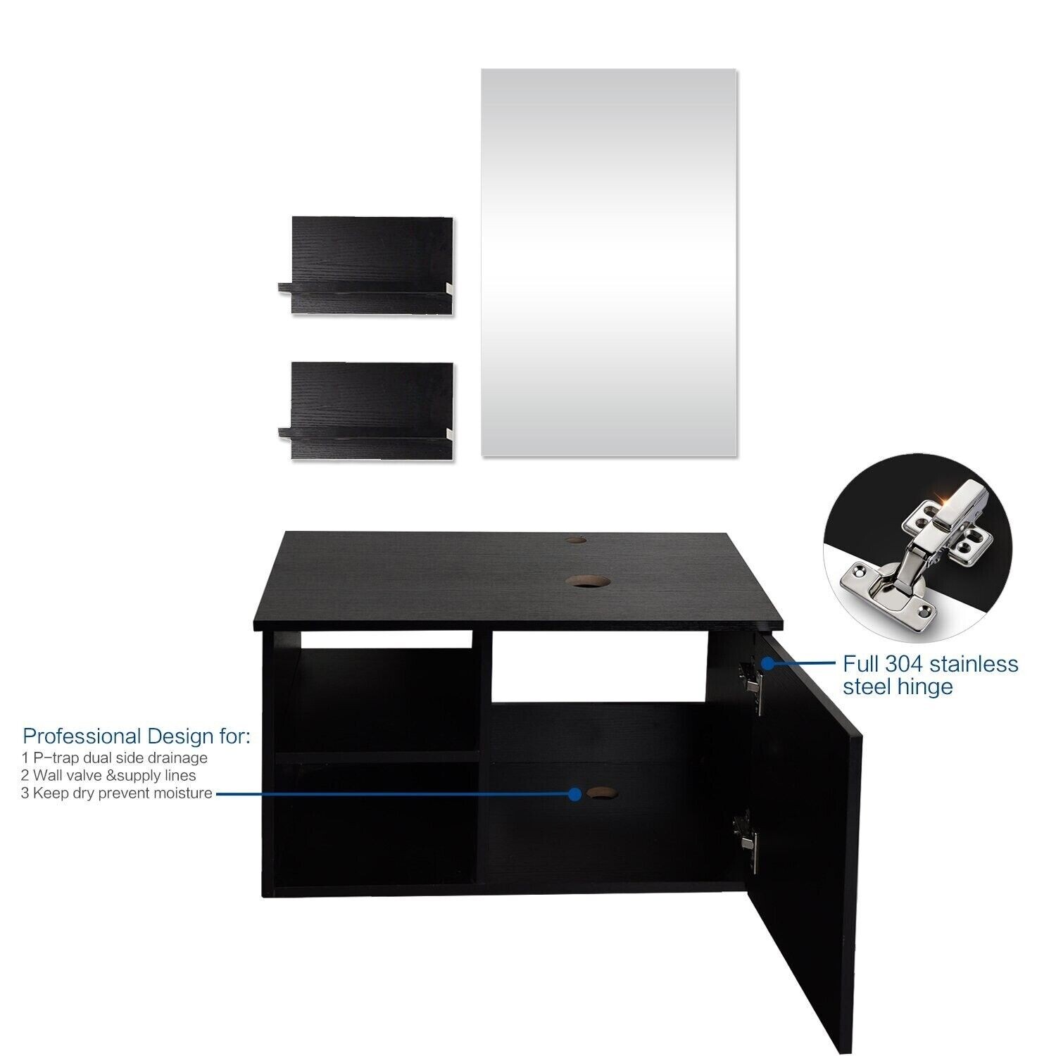 28” Floating Bathroom Vanity Black Cabinet with Sink Vessel Side Shelves Mirror