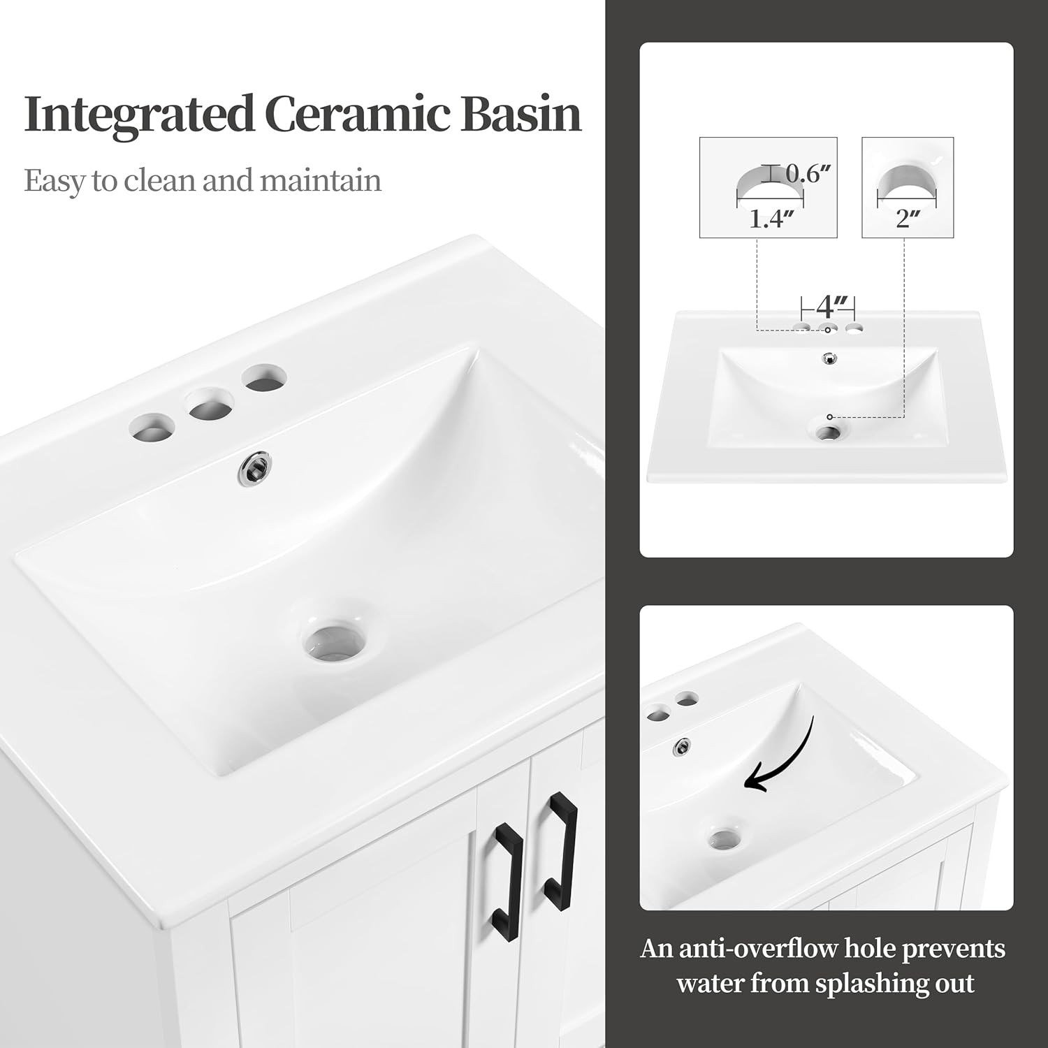 24.5″ Modern Bathroom Vanity with Ceramic Basin, Undermount Vanity Sink Cabinet