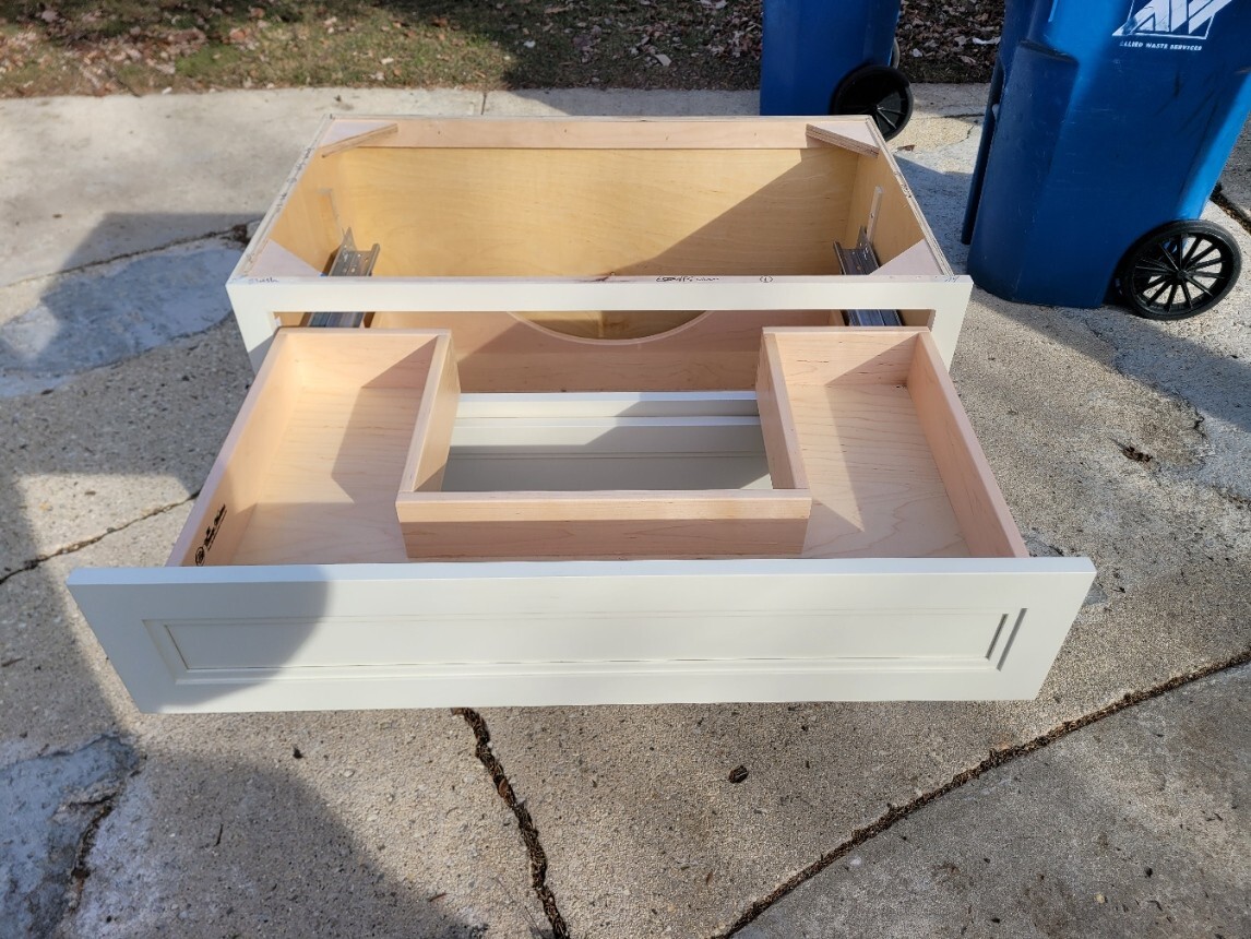 36″ Maple Painted Bath Vanity – Amish made. Two drawers. Left side finished.