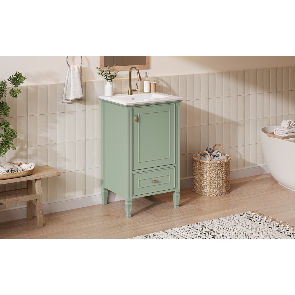 20″ Green Bathroom Vanity, Ceramic Sink, Solid Wood Legs, Soft-Close, Storage