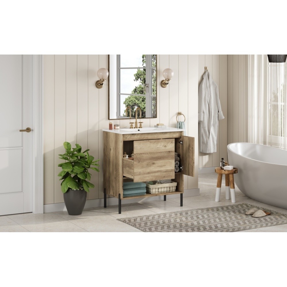 Wooden Bathroom Cabinet Sliding Drawers Ceramic Basin Countertop Open Shelving