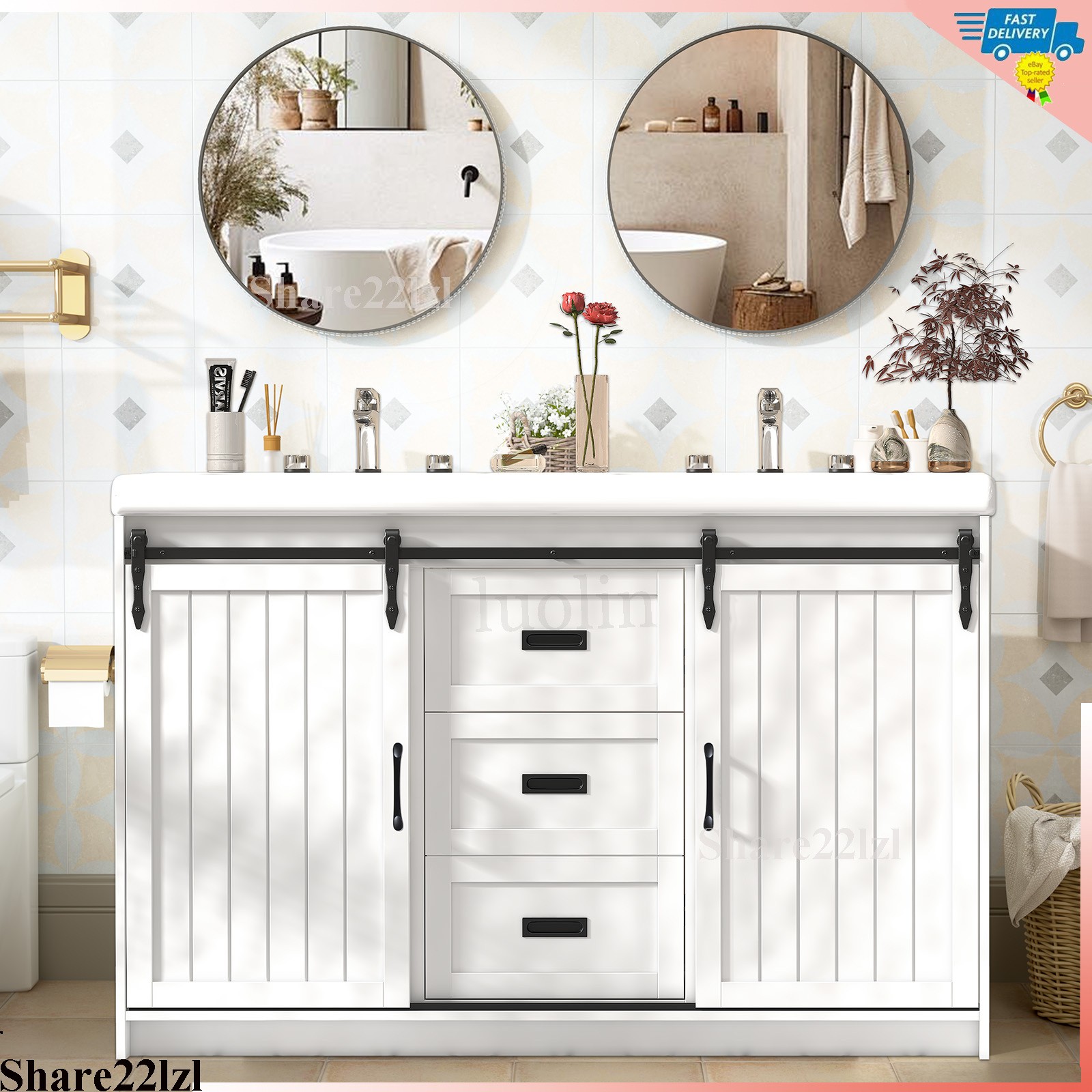 47″ Bathroom Vanity Cabinet Freestanding Drawers Marble Countertop Ceramic Sink