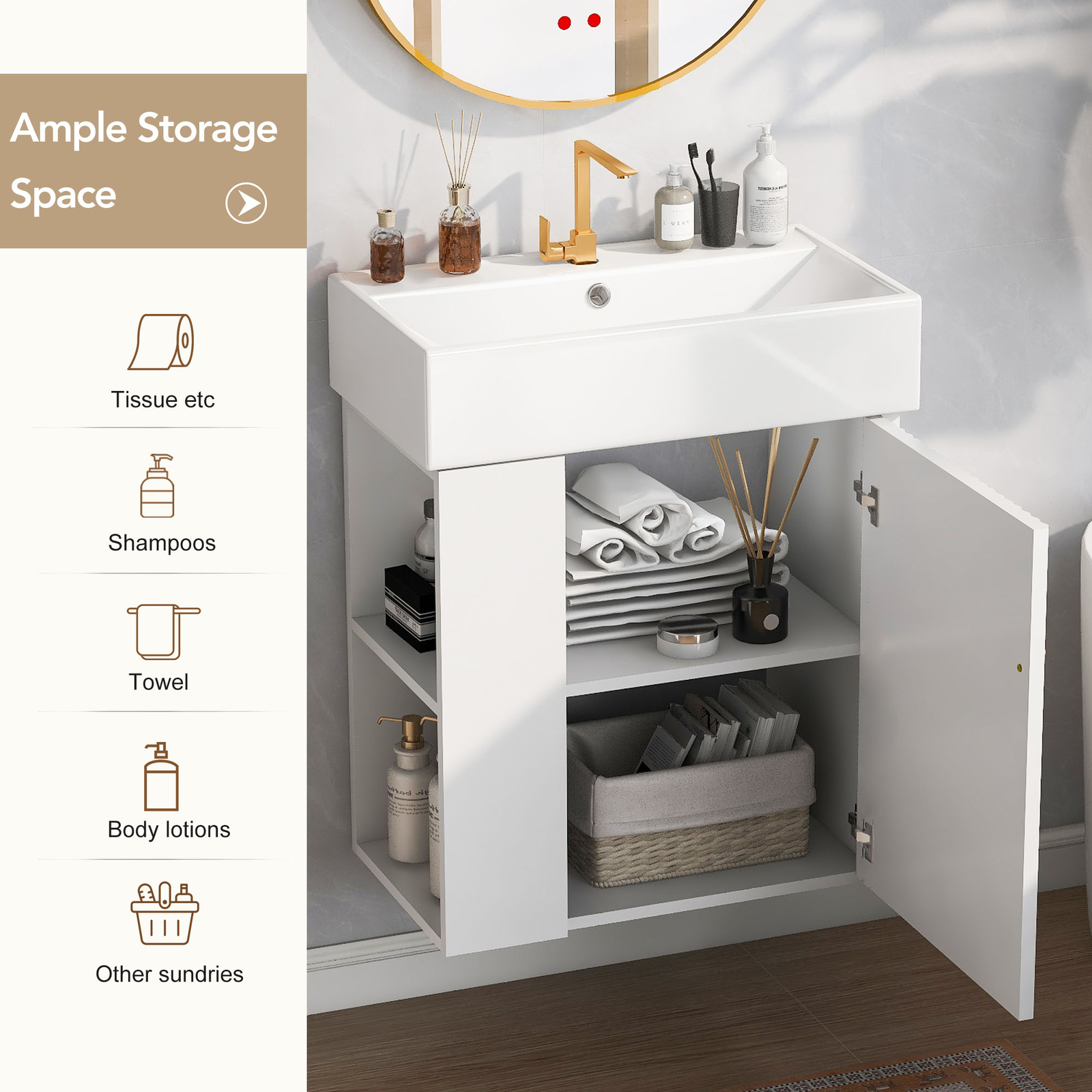 21.6inch Modern Floating Bathroom Vanity with Ceramic Basin Left side storage
