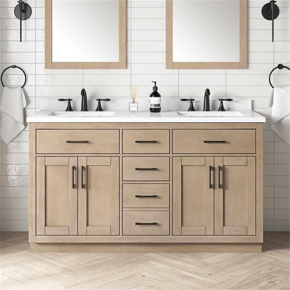 Pemberly Row 60″ Double Bathroom Vanity in Sahara Birch with White Countertop