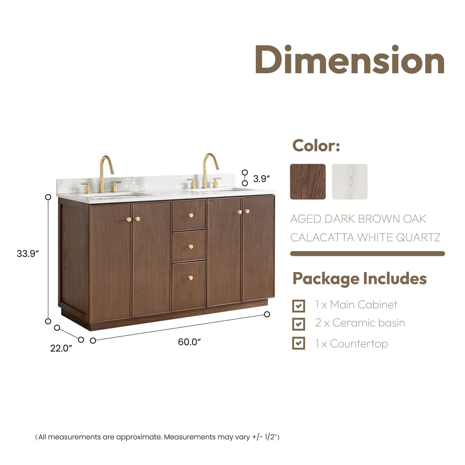Oza 60M”Double Bath Vanity in Aged Dark Brown Oak with Fish Maw White Quartz Top