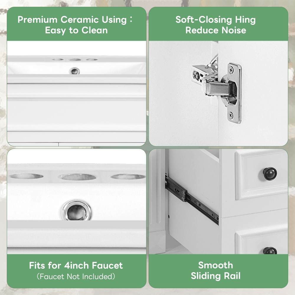 Bathroom vanity W ceramic sink Features two drawers Includes adjustable shelves