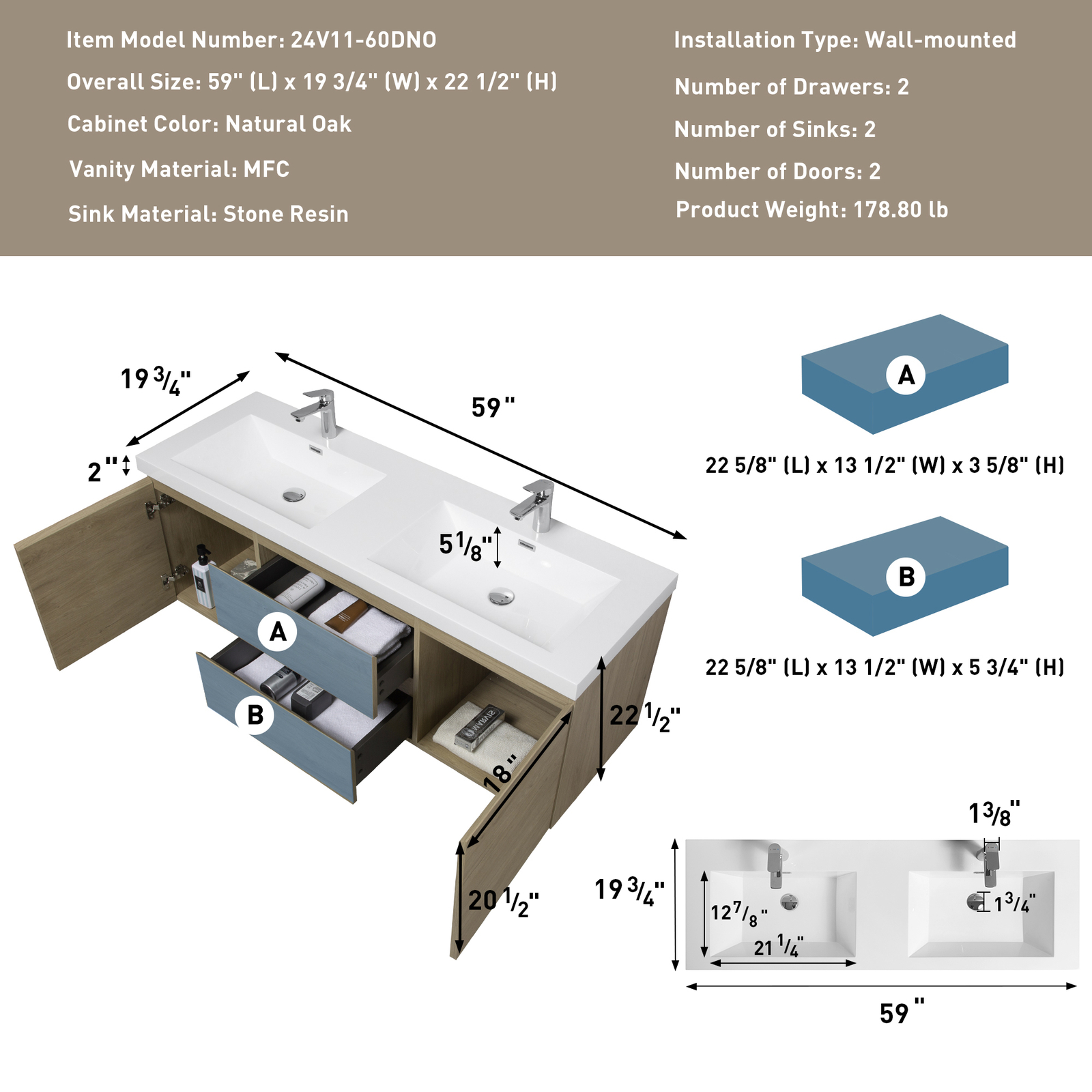 60″ Floating Wall-Mounted Bathroom Vanity 2Drawers Doors Double Resin Basin Sink