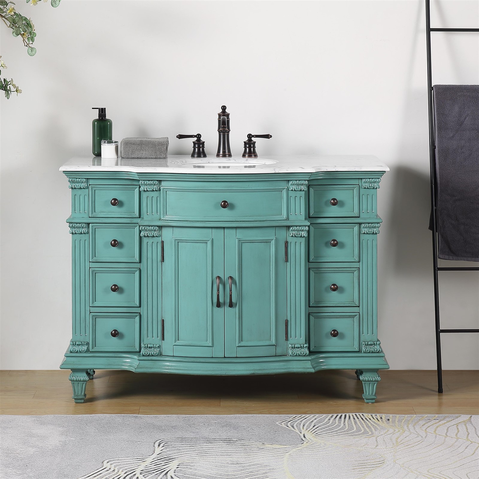 48″ Single Sink Cabinet Carrara White Marble Countertop Green Bathroom Vanity