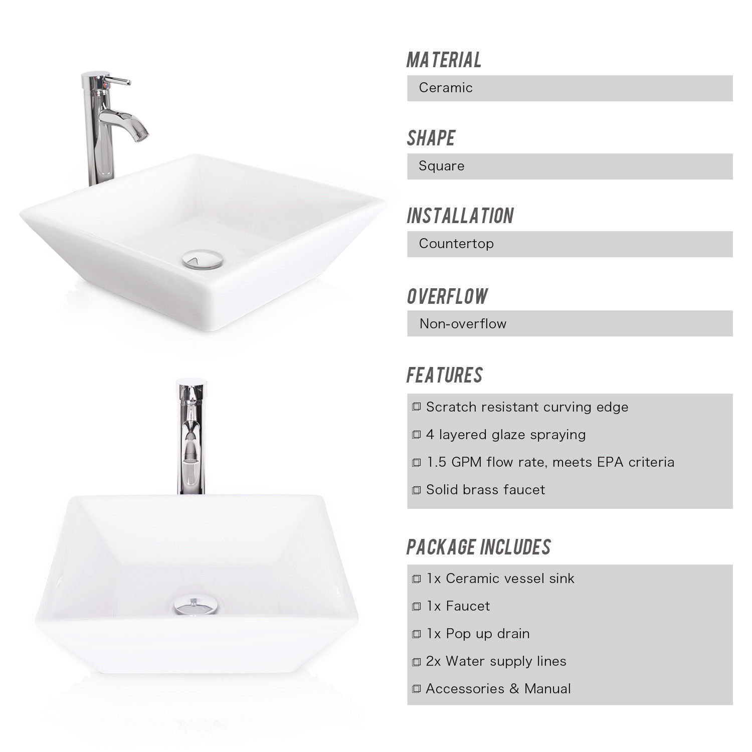 Bathroom Ceramic Vessel Vanity Sink W/ Faucet White Porcelain Basin Pop Up Drain