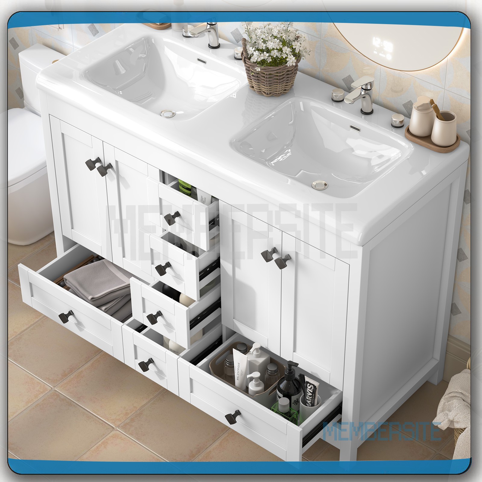 Bathroom Cabinet 47.3″ Vanity Top w/2 Sinks ,6 Drawers Bathroom Vanity Cabinet