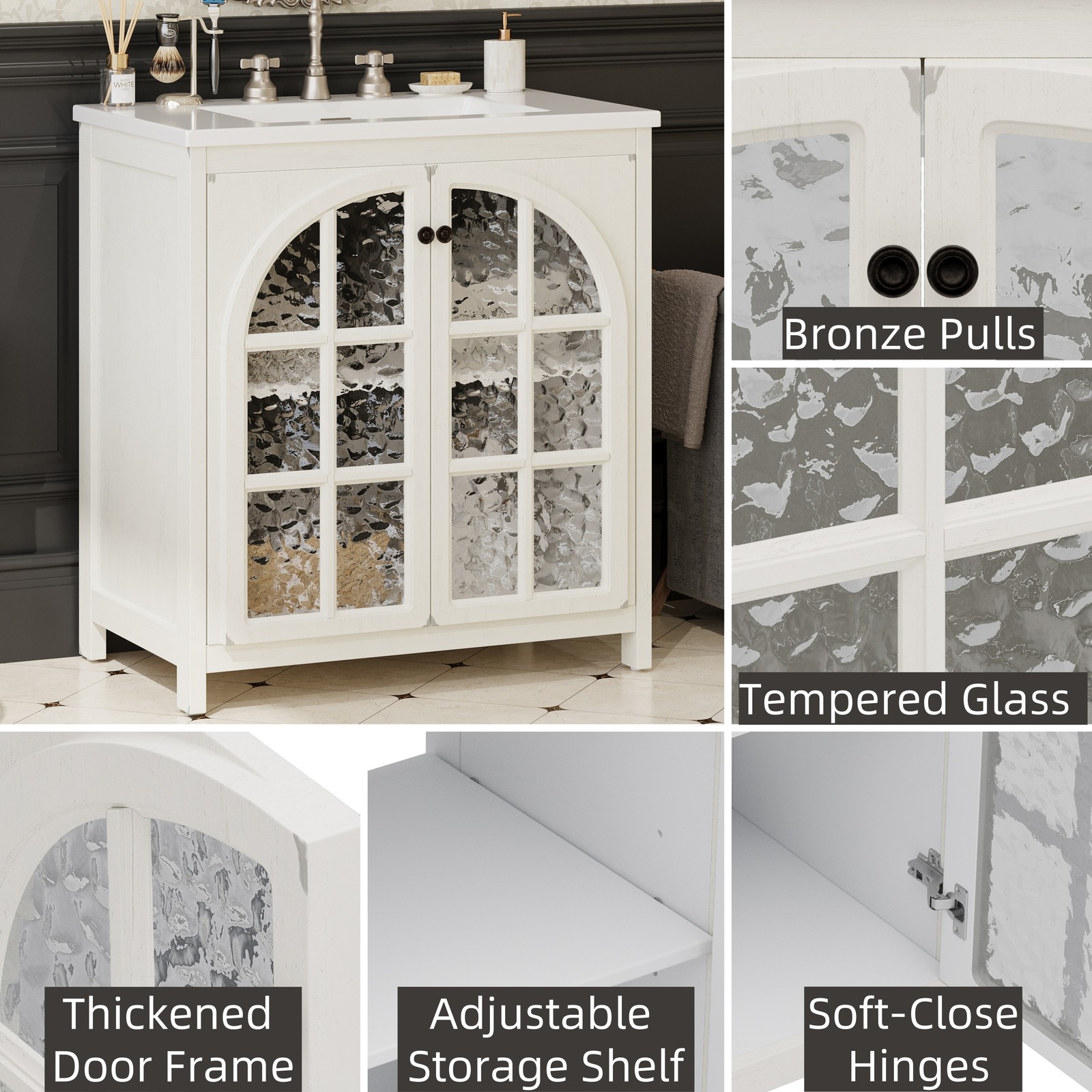 Farmhouse Bathroom Vanity with Ceramic Sink，Storage Cabinet w/Soft-Closing Doors