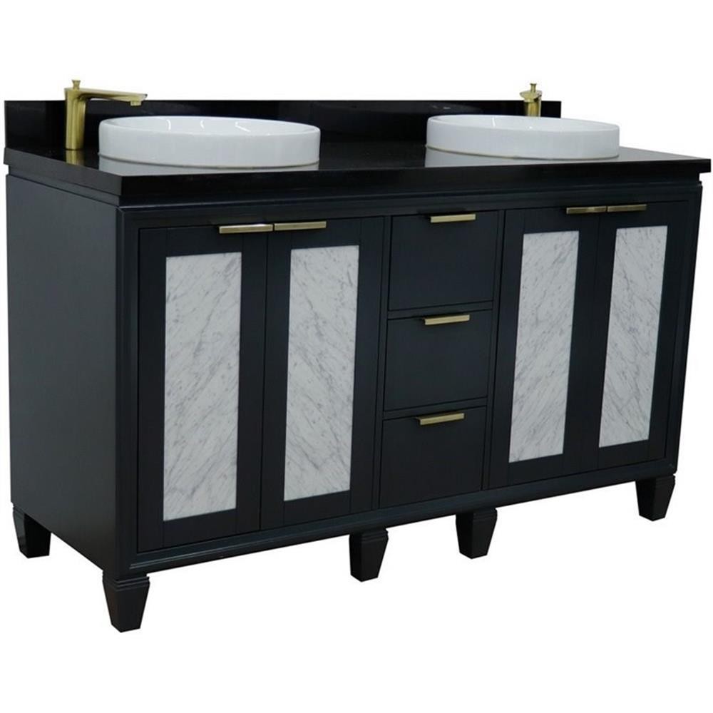 Pemberly Row 61″ Solid Wood Double Round Sink Vanity in Dark Gray/Black Galaxy