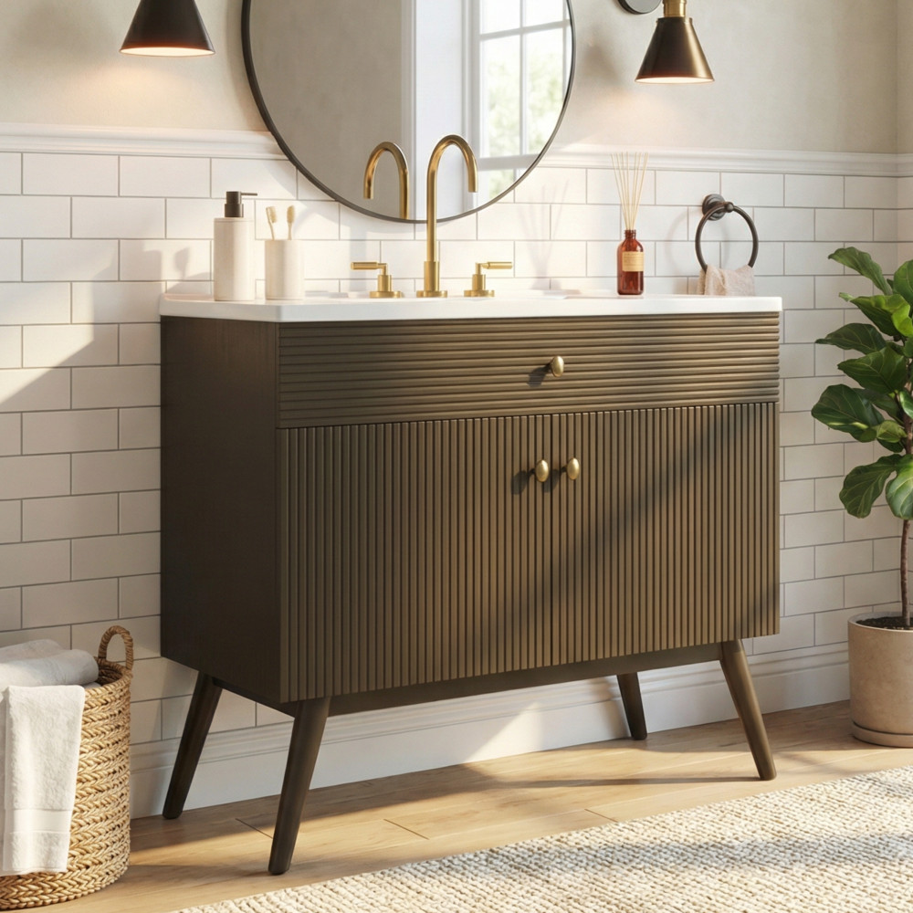 36″ Striped Bathroom Vanity,Soft-Close Dual-Door Storage &Premium Ceramic Sink