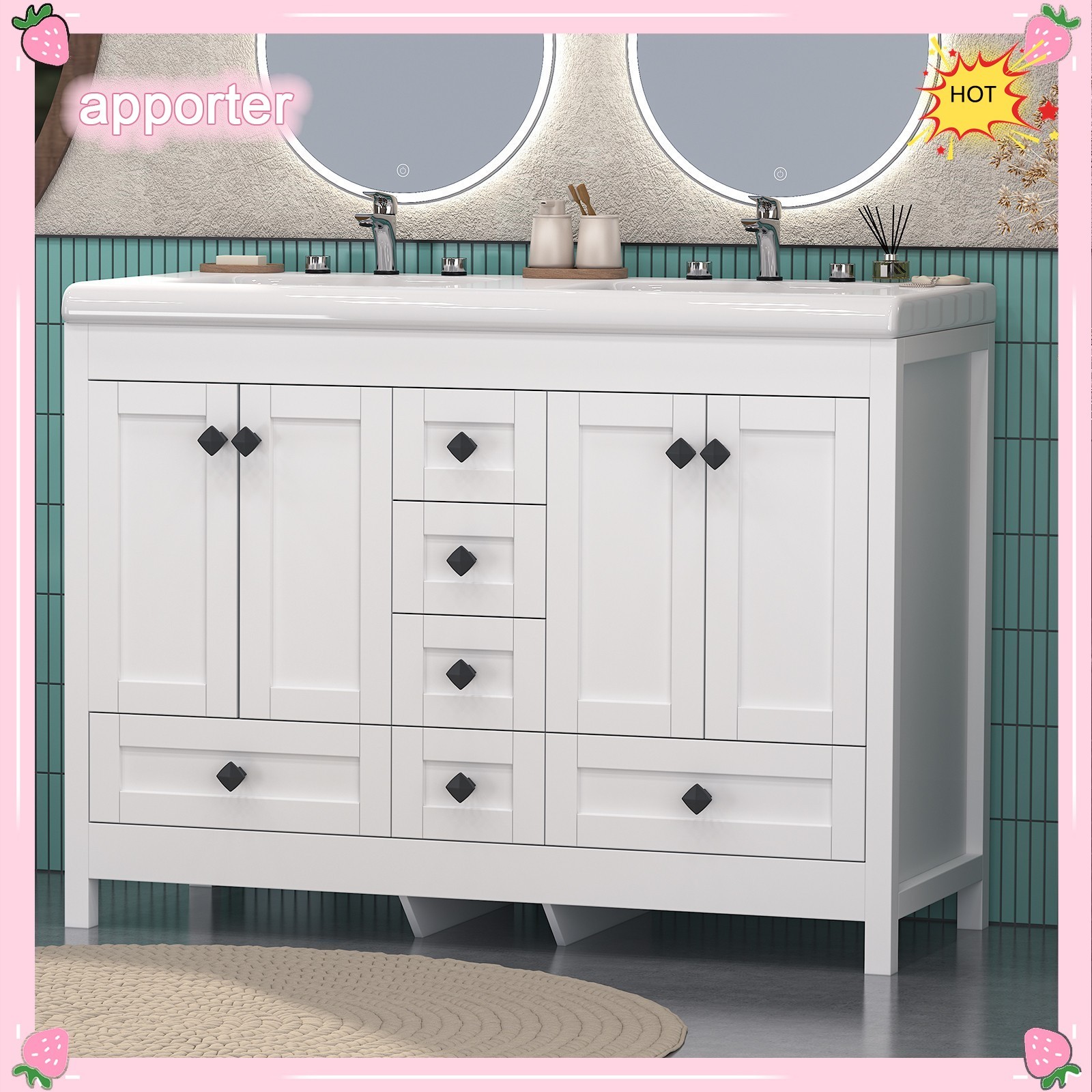 47in White Bathroom Vanity Double Sink Ceramic Freestanding Cabinet 5 Drawers US