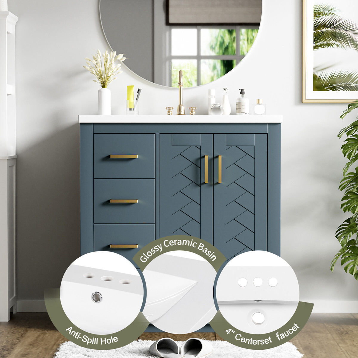 30″ Bathroom Vanity with Sink, Freestanding Vanity Cabinet, 2 Doors 3 Drawers