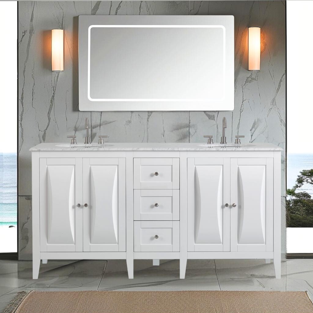 68in Silkroad Exclusive V0269WW68D Double Sink White Carrara Marble Top Vanity