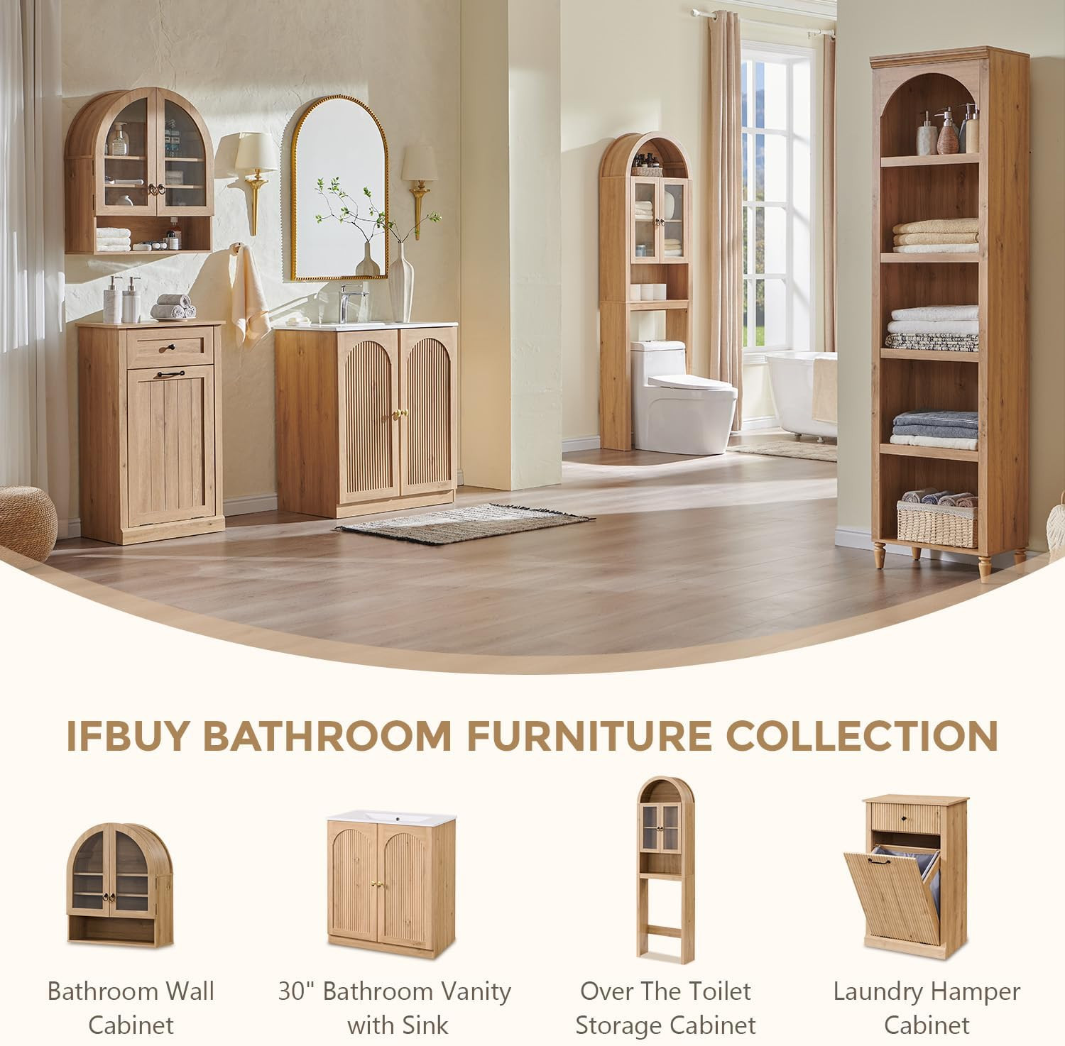30 Inch Arched Bathroom Vanity with Sink, Modern Fluted Bathroom Vanity Cabinet