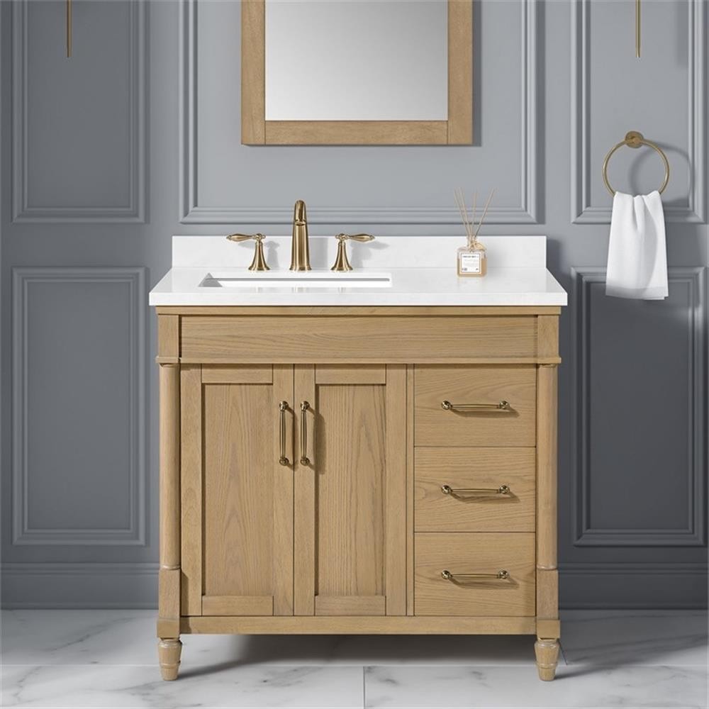 Pemberly Row 36″ Natural Birch Bathroom Vanity with White Countertop