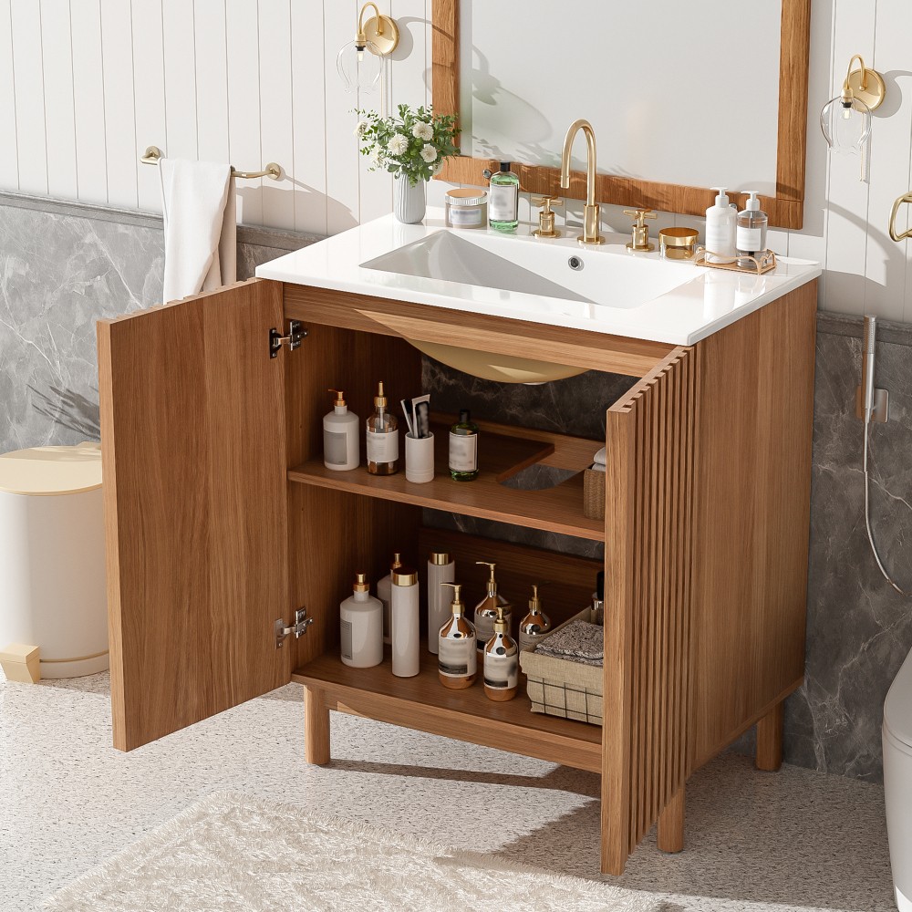 29.9-inch Traditional Bathroom Vanity with Ceramic Sink, Solid Wood Legs