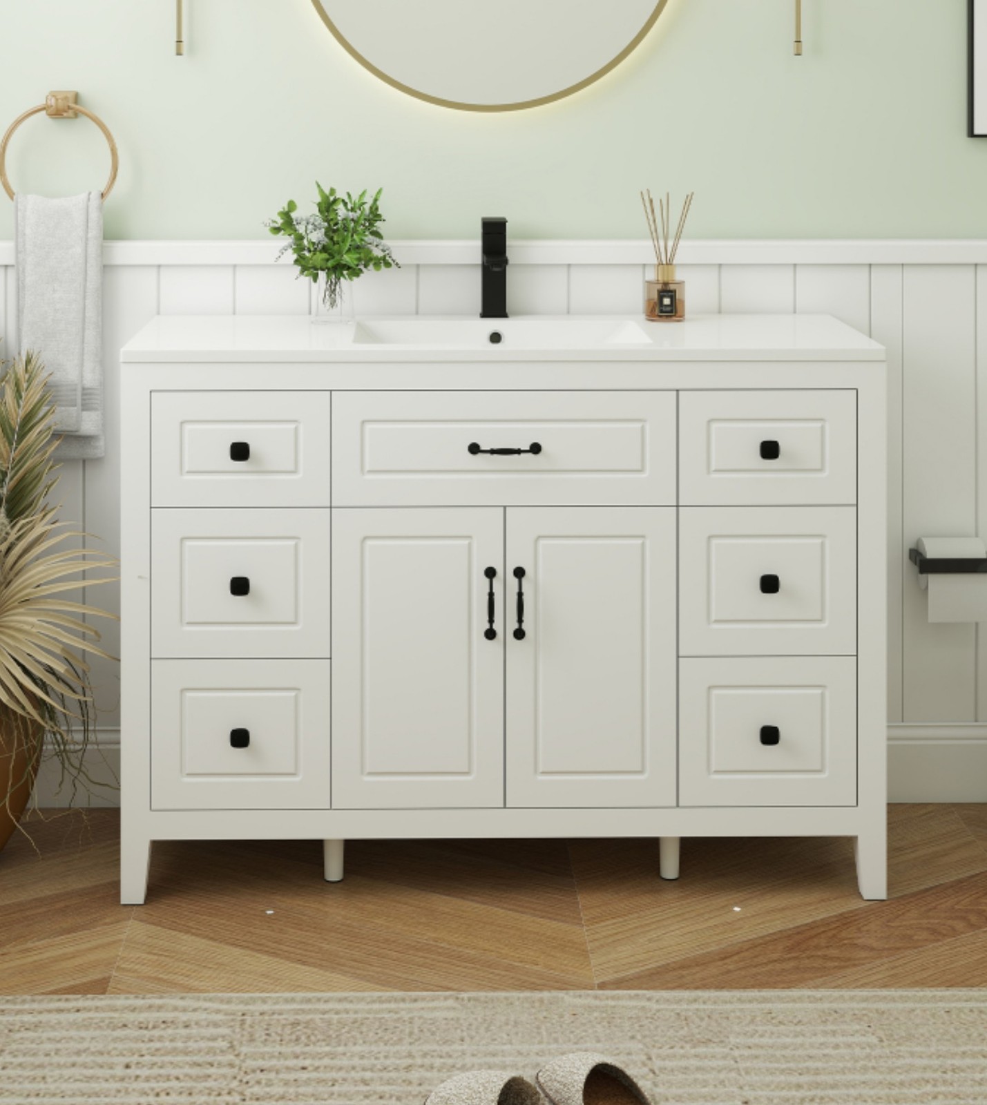 48″ Freestanding Bathroom Vanity Soft-Close 2 Doors 6 Drawers Matte Black Faucet