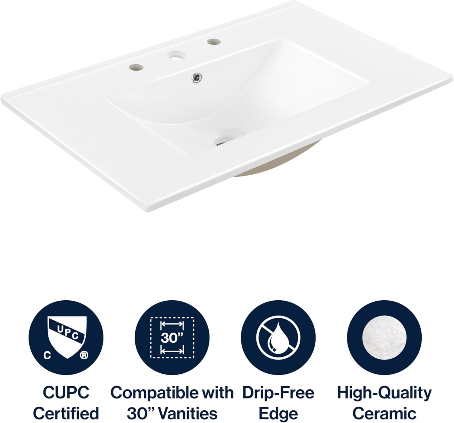 Classic 30″ Ceramic Vanity Sink Top – Rectangular 3-Hole Design for Elegance