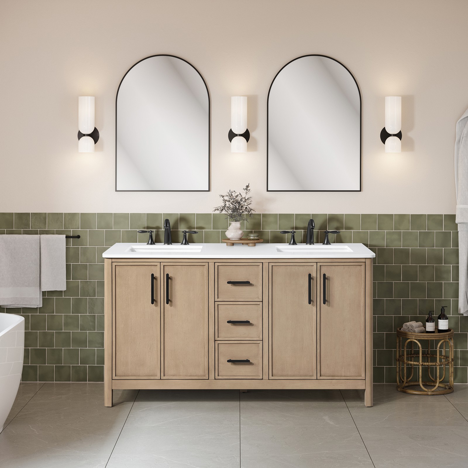 Solas 60″ Double Bathroom Vanity in Sahara Birch with White Countertop