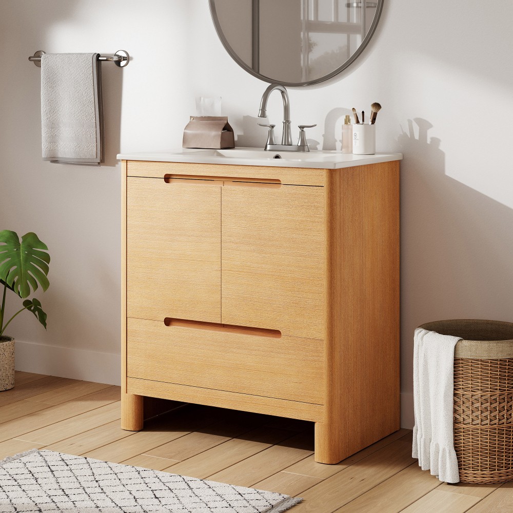 30″ Softened Modern Bathroom Vanity with Ceramic Sink, Natural Wood Grain
