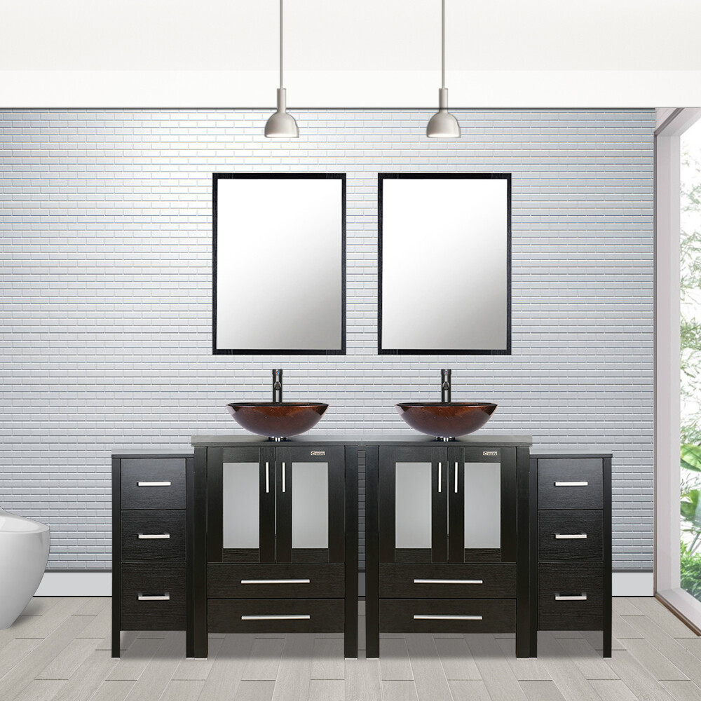 72″ Black Bathroom Vanity Set Side Cabinet Vessel Glass Sink Combo No Mirror