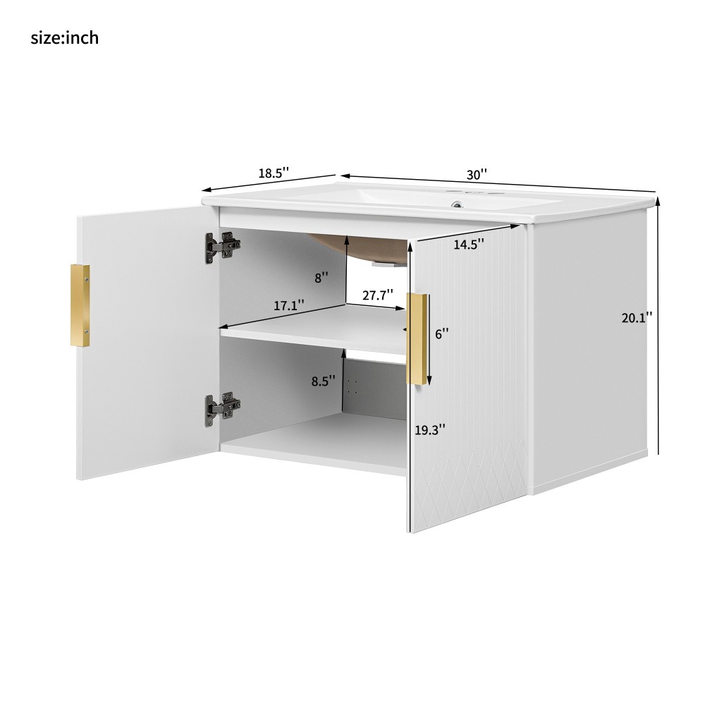 Bathroom Vanity W Ceramic Sink Three-Hole Mounting Features Two Soft-Close Doors