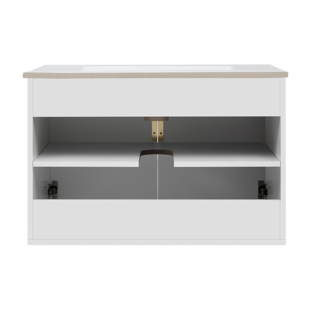Bathroom Vanity W Ceramic Sink Three-Hole Mounting Features Two Soft-Close Doors