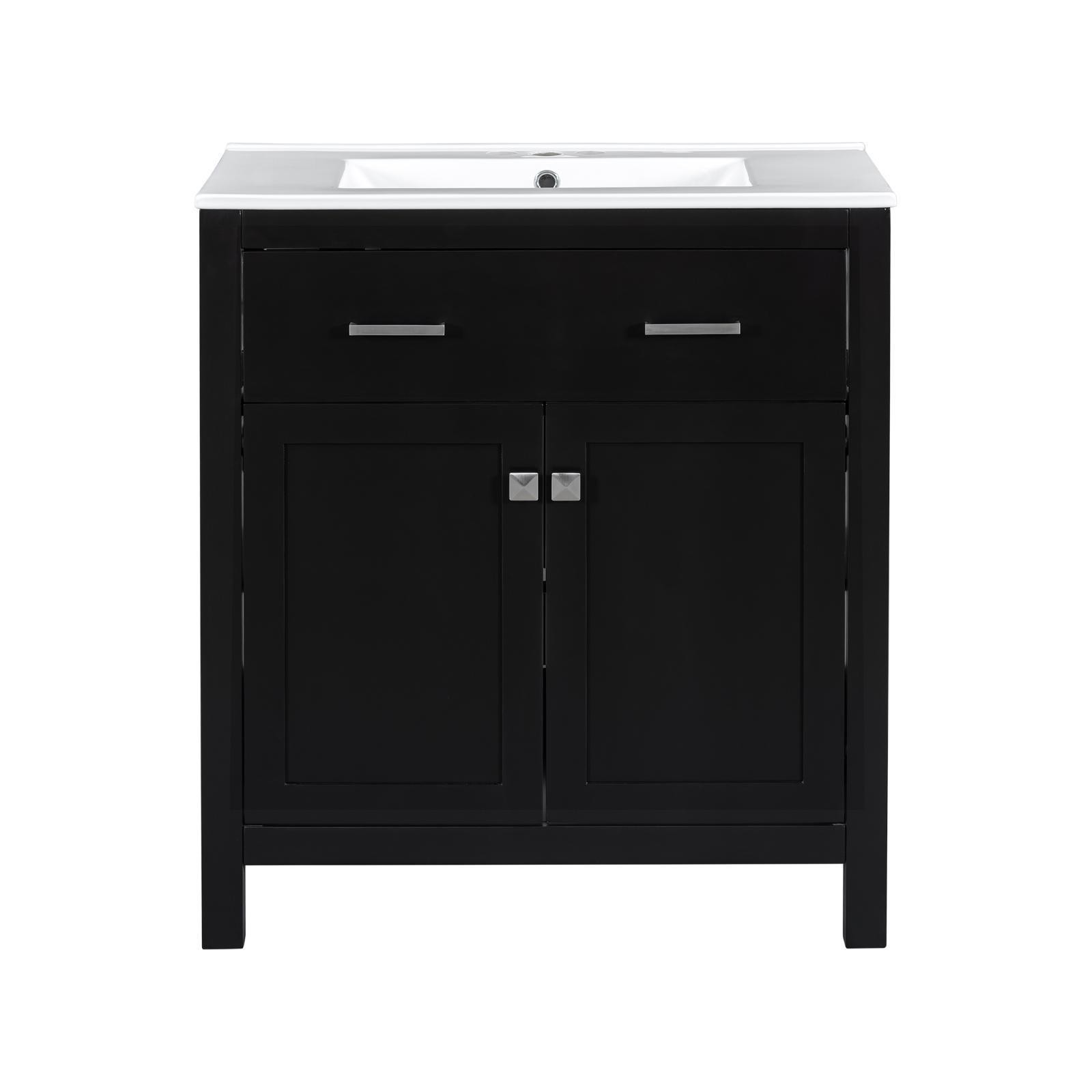 30-Inch Black Bathroom Cabinet with Ceramic Sink, Height-Adjustable Shelf,