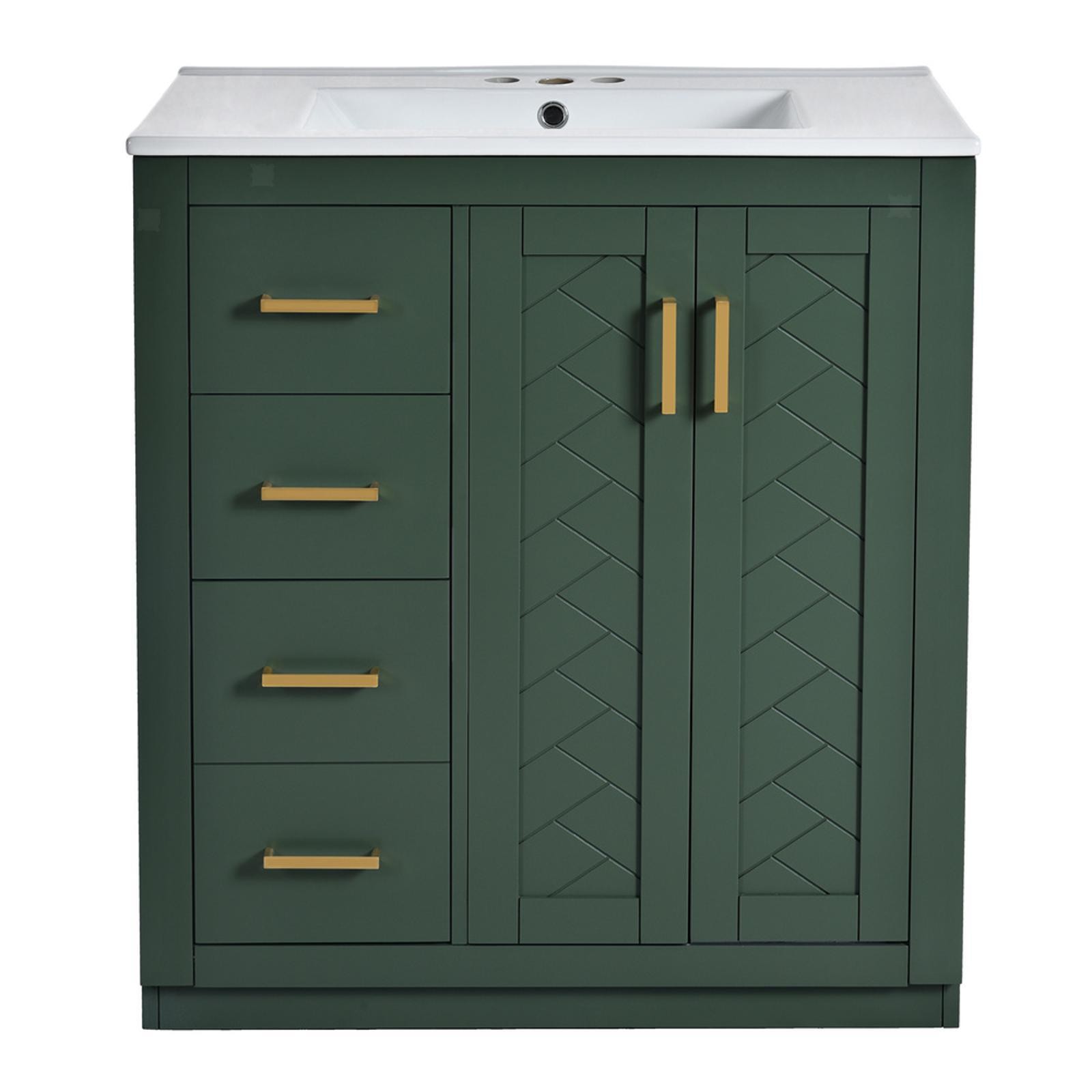 30” Solid Wood Bathroom Vanity with Ceramic Sink Combo, Freestanding Storage