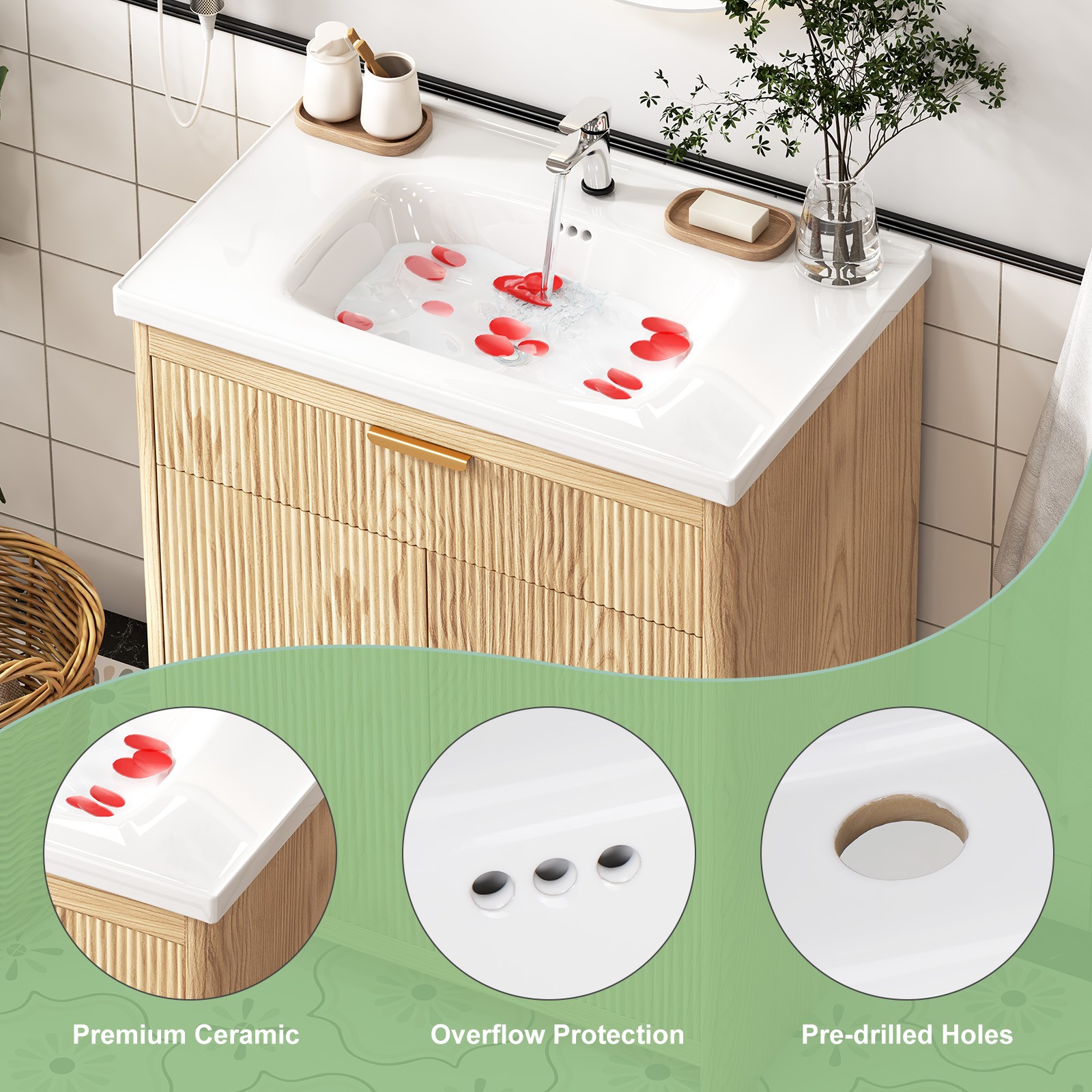 31″ Bathroom Vanity Cabinet Wooden with Top Ceramic Sink Combo Freestanding