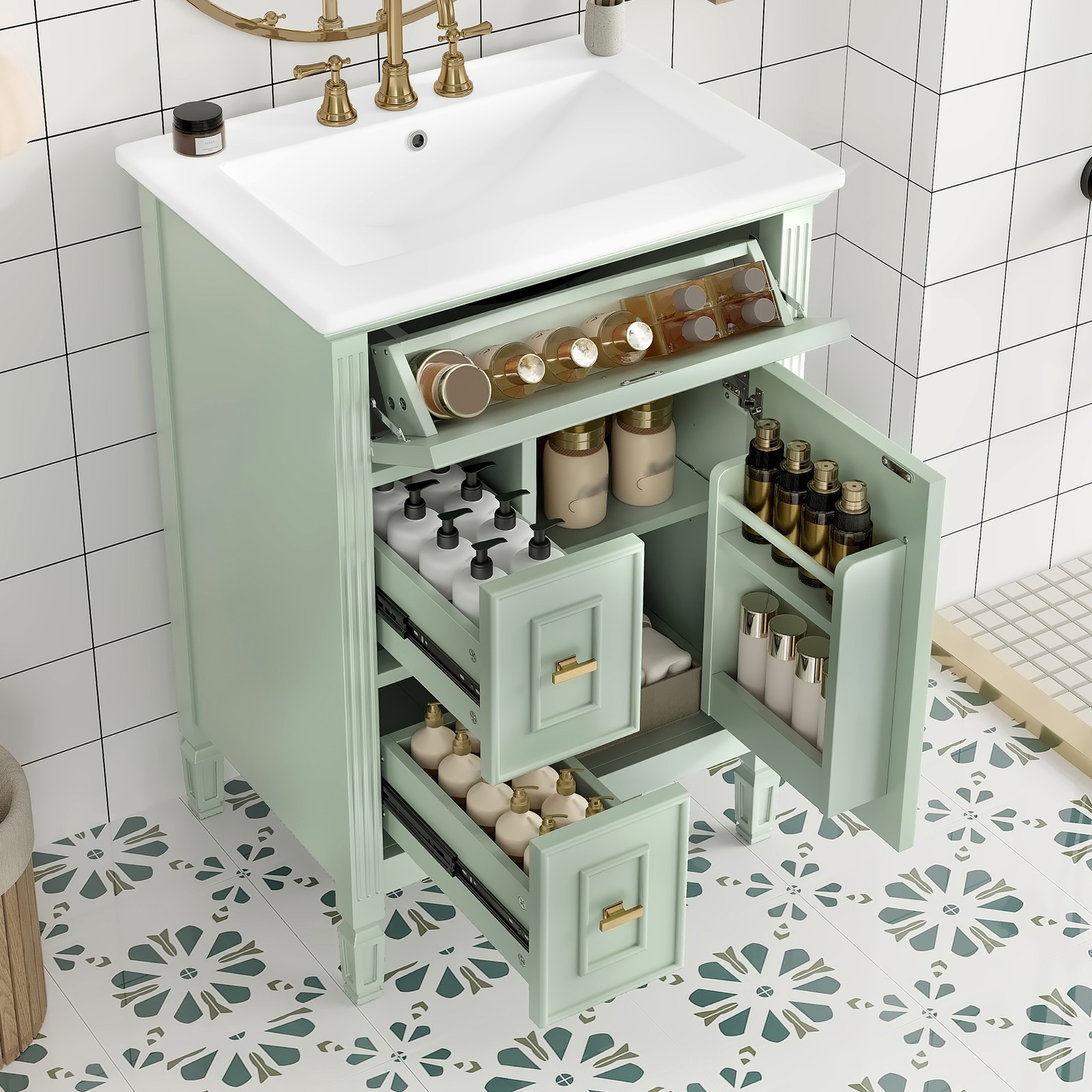 24″ Bathroom Vanity with Sink, Wood Storage Cabinet w/Drawers & Adjustable Shelf