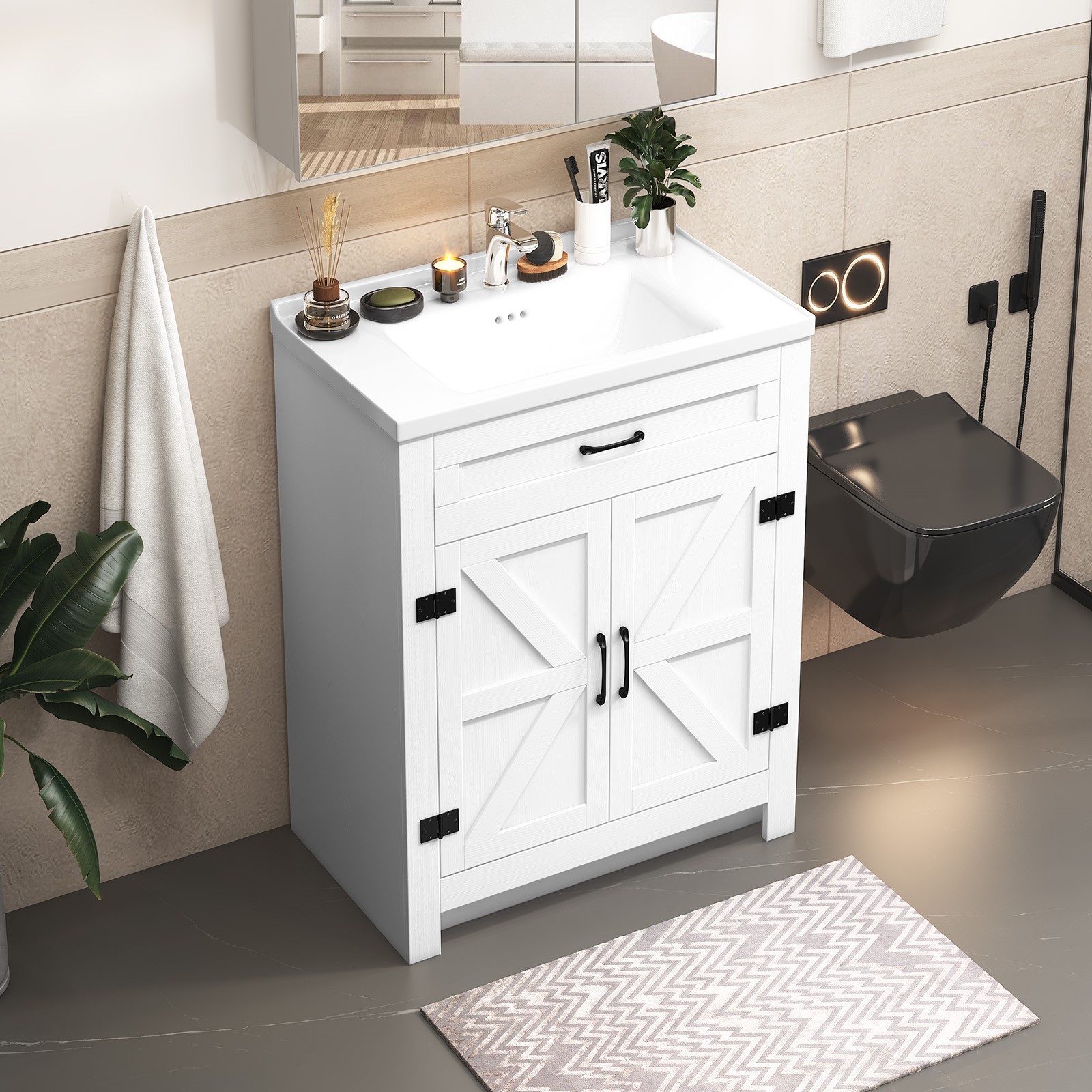 23″ Bathroom Vanity w/Ceramic Sink Modern Freestanding Vanity Cabinet w/2 Doors