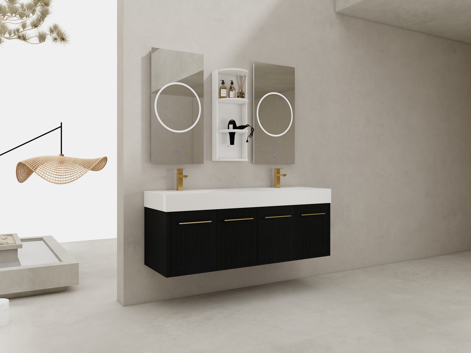 60 In Floating Wall-Mounted Bathroom Vanity Cabinet W/ Double Resin Top Basin
