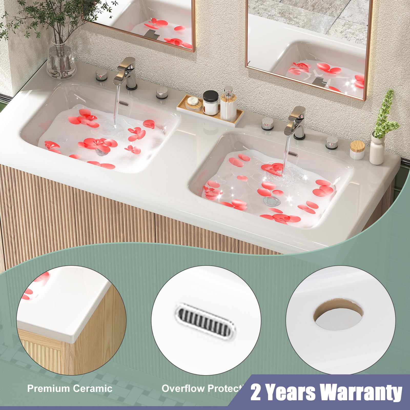 47″ Large Bathroom Vanity Double Ceramic Sink Freestanding Cabinet Storage