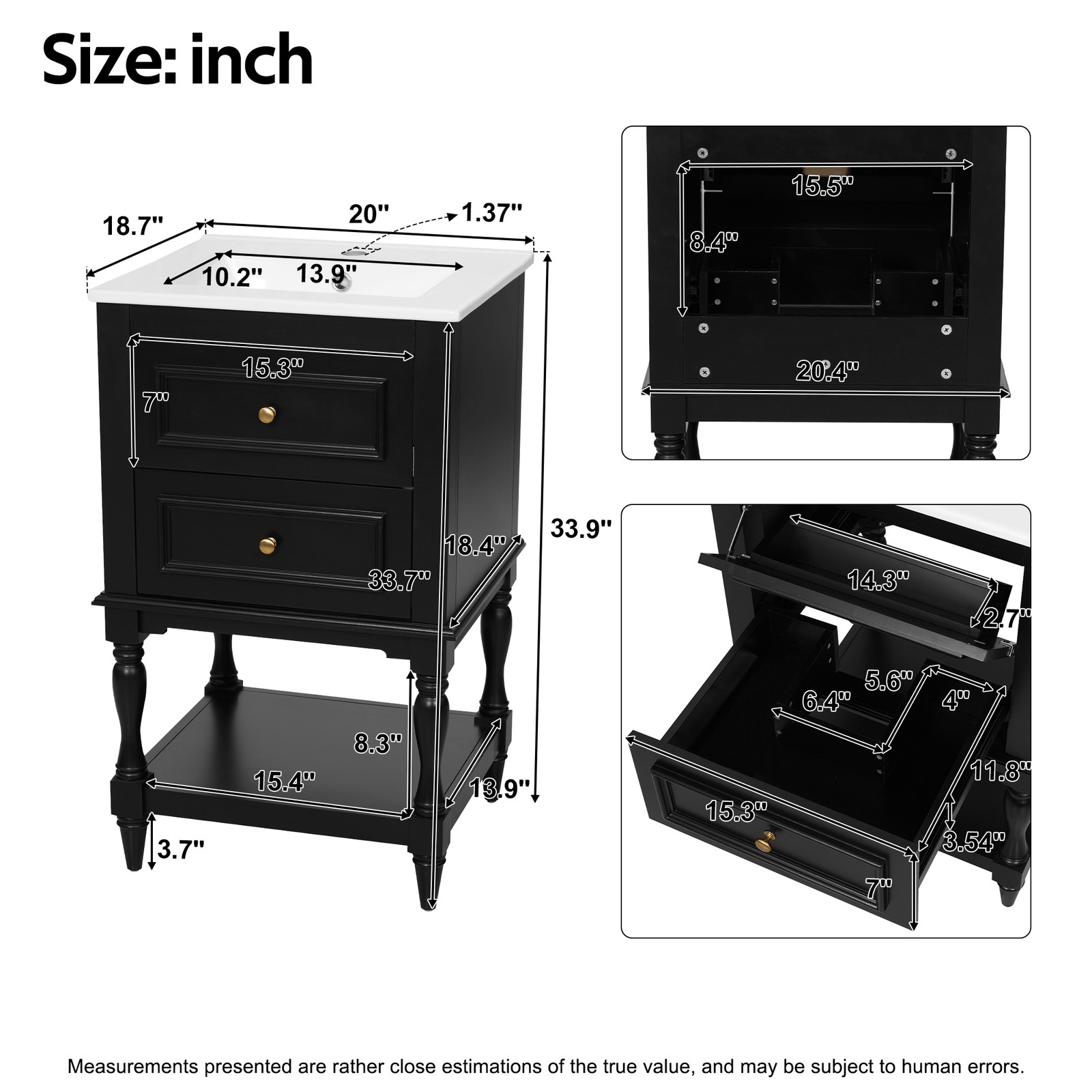 FUNIDEE 20” Bathroom Vanity Set Storage Cabinet with Ceramic Sink Combo Black
